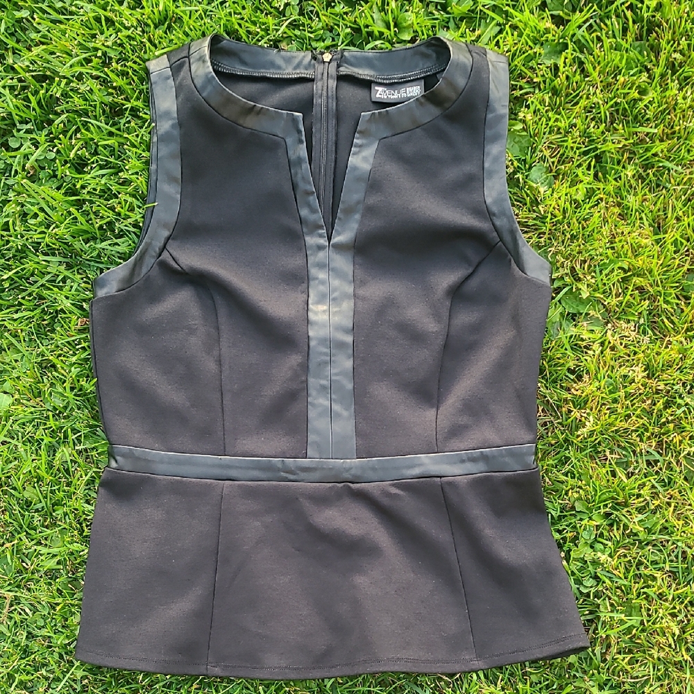 7th Avenue Design Studio Black With Fake Leather Trim Sleeveless Top